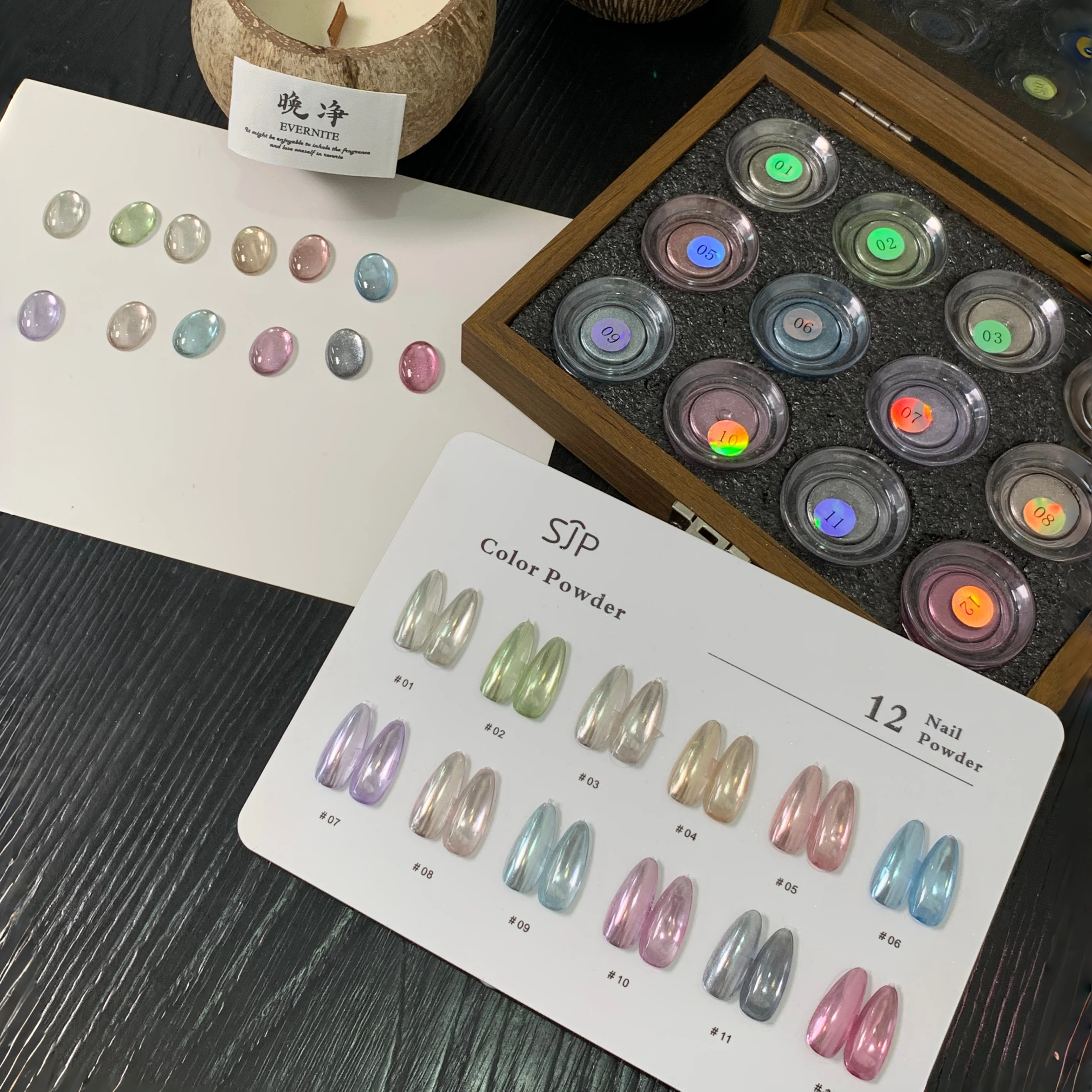 고급 네일 아트 파우더 세트, 12가지 색상과 컬러 차트, 초미세 글리터, 일본 스타일, 완벽한 선물 상자