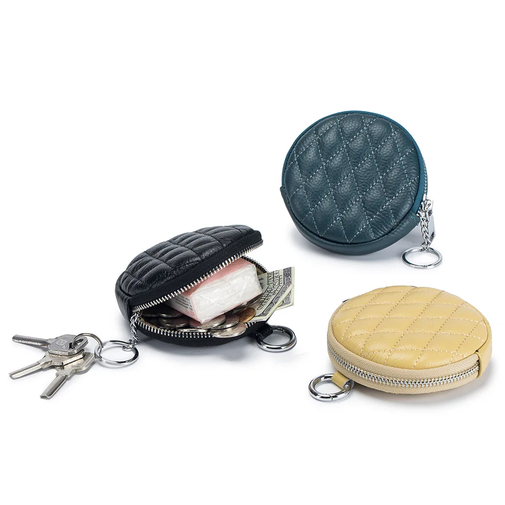 

Круглый кошелек из натуральной кожи, кредитница, портативный клетчатый бумажник из воловьей кожи для мужчин и женщин, чехол для ключей и наушников