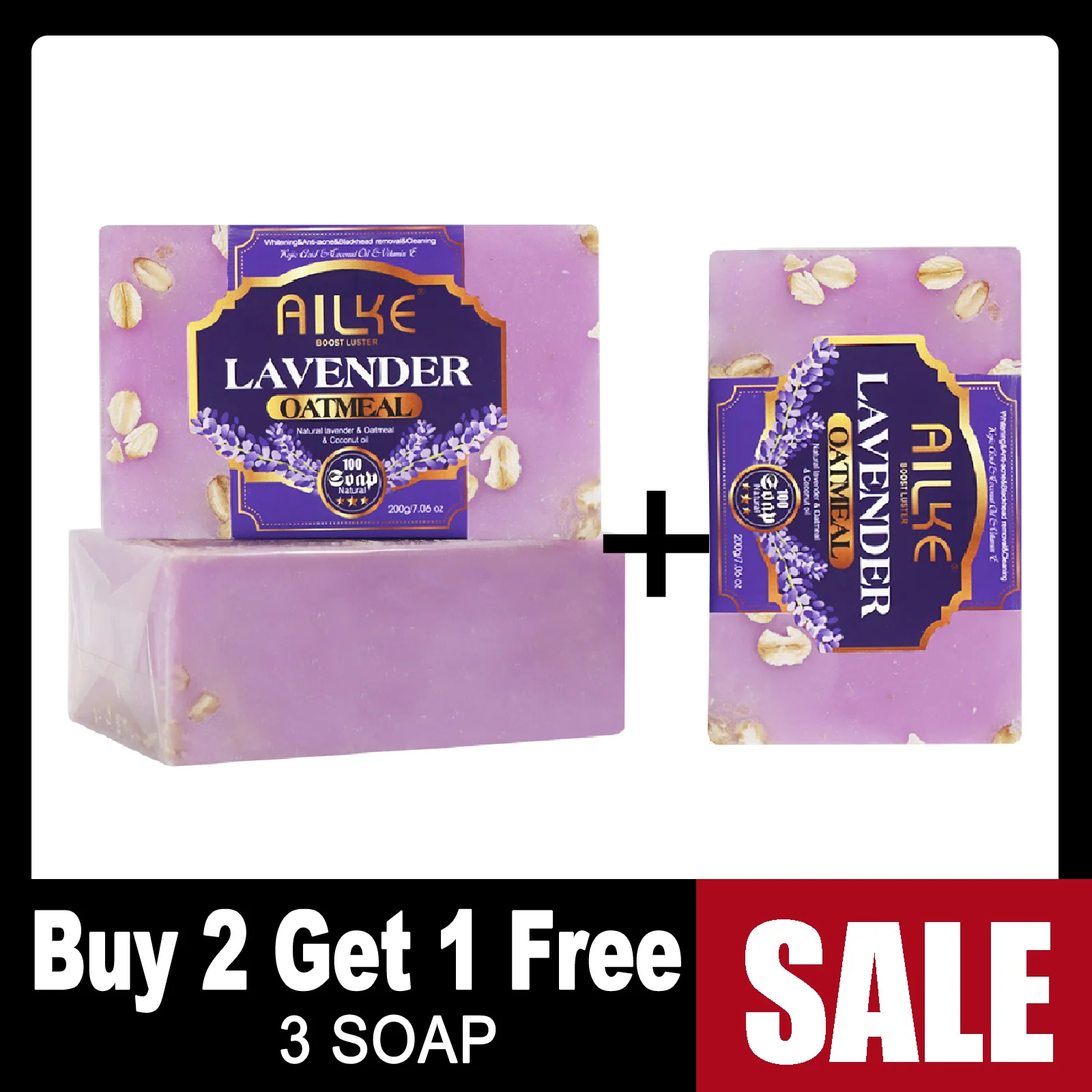 AILKE Lavender Oatmeal Whitening Soap Bar, Clean Skin, Anti Acne, Black Spots, With Coconut Oil, For All Skin Types, 200g