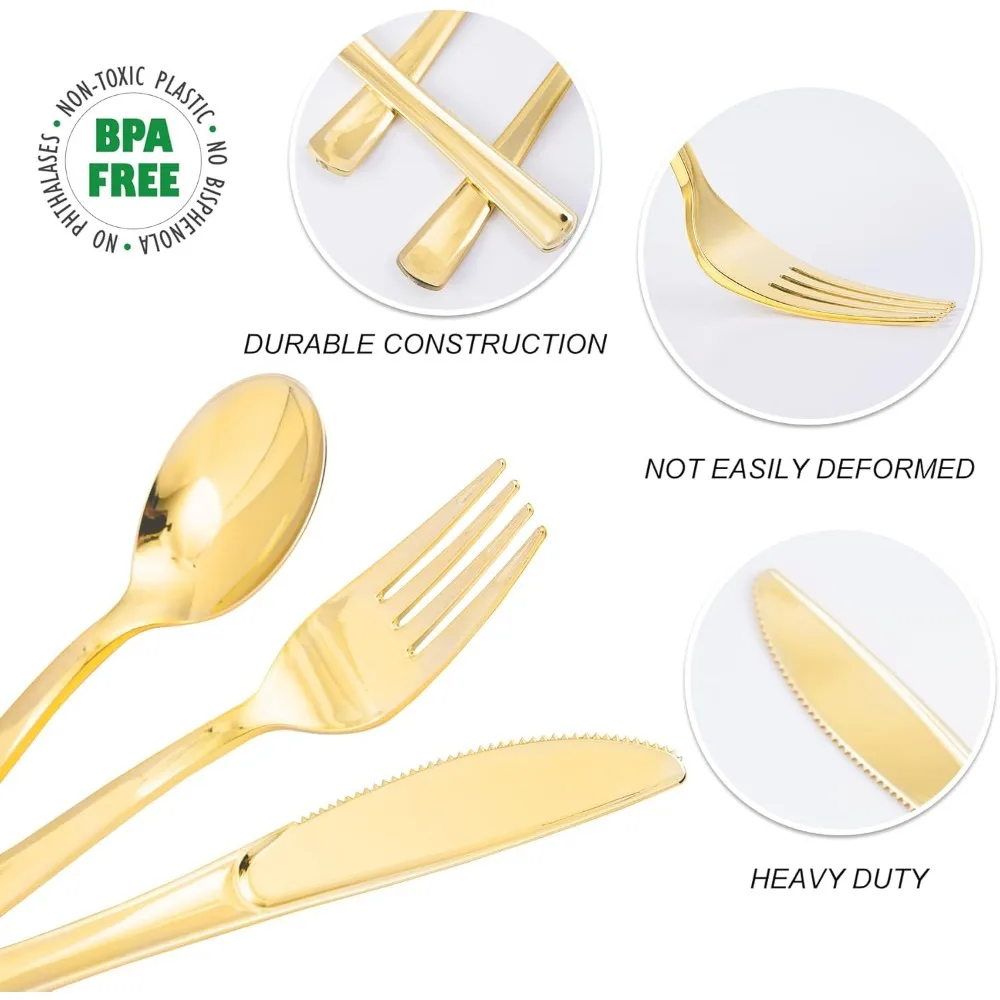N9R 300PCS Gold Plastic Silverware Plastic Cutlery Set Disposable Flatware Dinnerware -100 Gold Forks, 100 Spoons