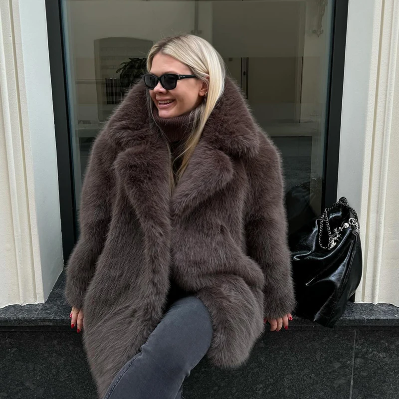 Fashion Faux Fur Jacket Coat Women Warm Fluffy Loose Long Sleeve Lapel Female Overcoat Winter Yellow Lady Street Outwear