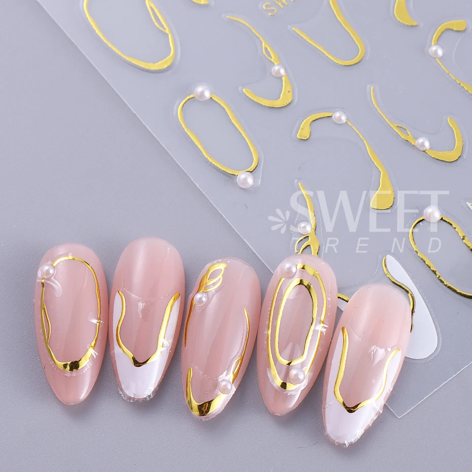 2pcs French Stripe Line Rhinestone Nail Stickers Decals 3D White Gold Irregular Metallic Line Adhesive Sliders Manicure Decor