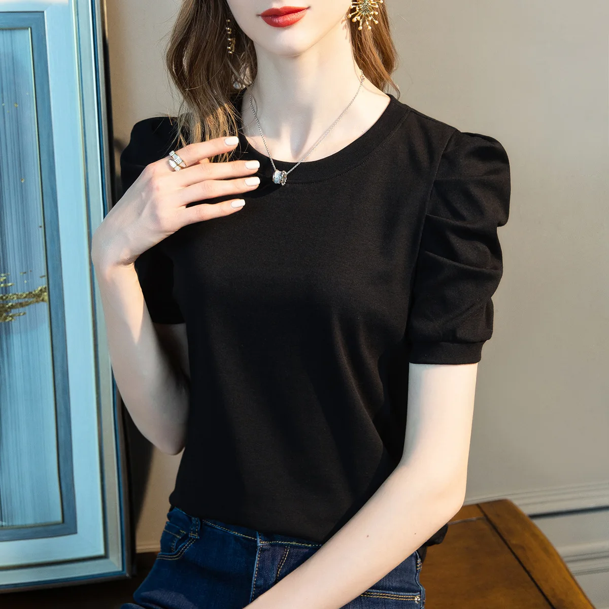 White Short-sleeved T-shirt Women\'s Tshirts Summer New French Puff Sleeves Stretch Cotton Solid Color Basic Y2k Tops Shirts