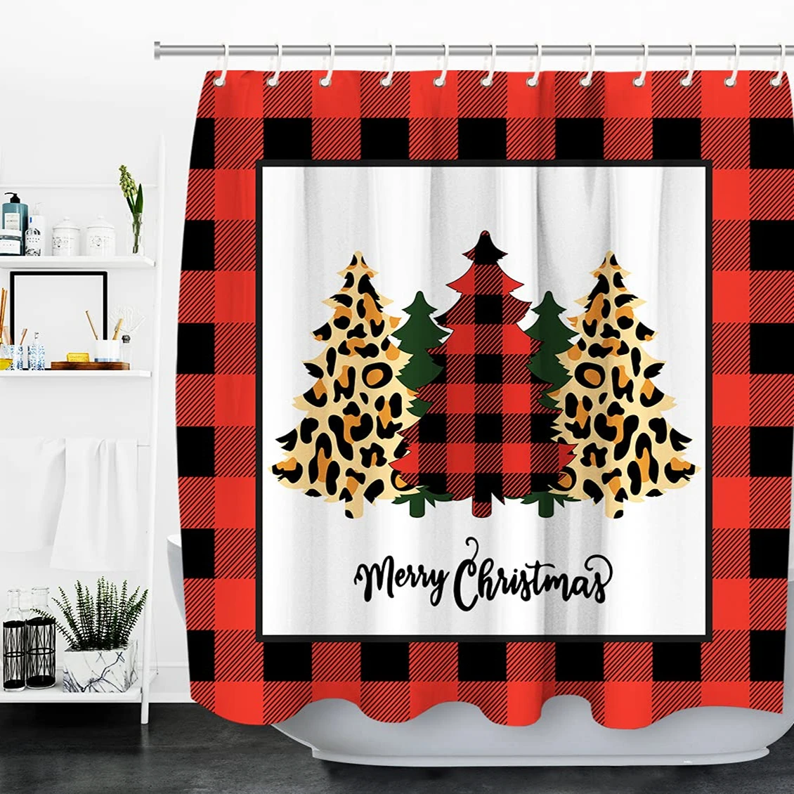 Buffalo Check Plaid Merry Christmas Trees Tenda Da Doccia, Nightmare Before Christmas Tende Da Doccia, Set Di Decorazioni Per Il Bagno Della Fattoria