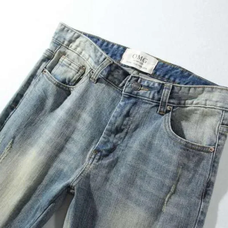 Men's Jeans Ripped with Holes Broken Trousers Man Cowboy Pants Torn Tapered Pockets Light Blue Summer Denim Trend Luxury Xs