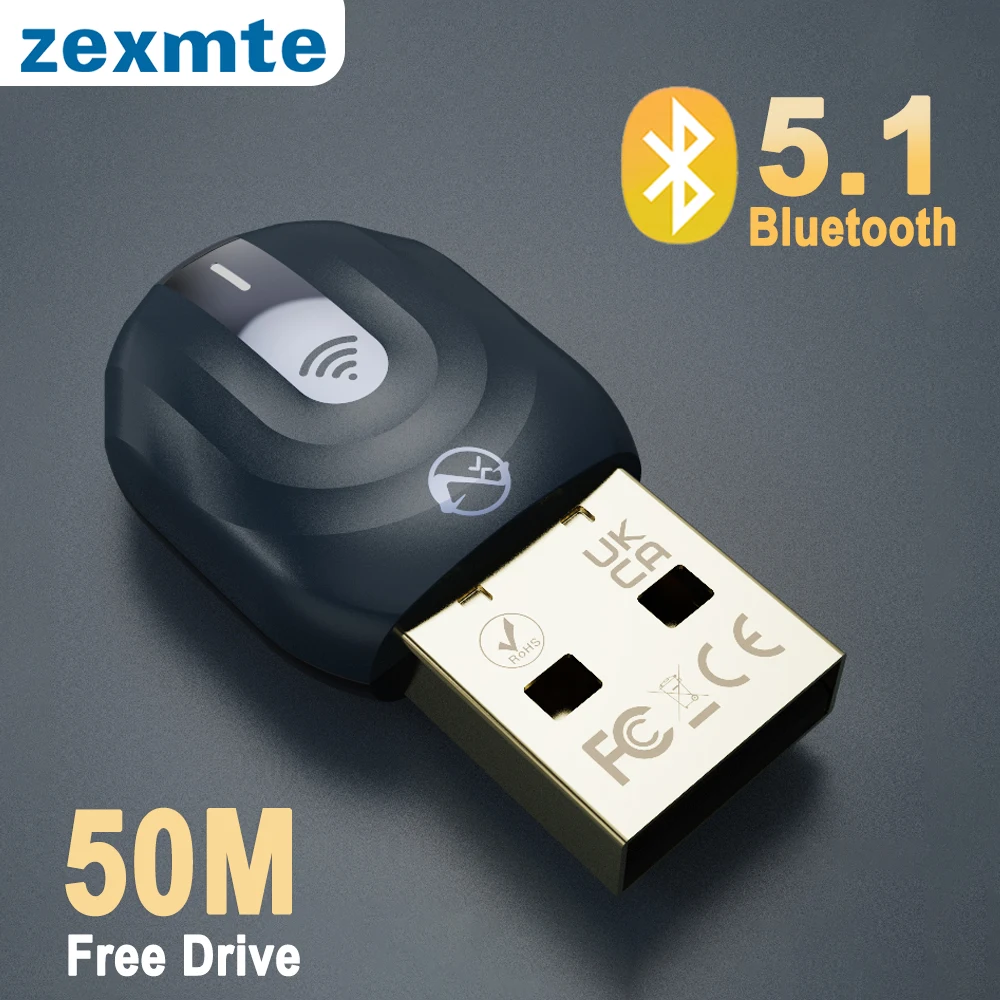 Zexmte 50M USB Bluetooth-адаптер, беспроводной Bluetooth 5,1 EDR аудио-ключ, передатчик, приемник, бесплатный диск для Windows 8/8.1/10/11