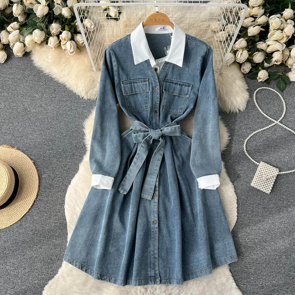 

Women's Shirt Dresses 2023 Korean Turn Down Collar Lace Up Denim Dress Vintage Temperament Long Sleeve Vestidos