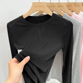 AOSSVIAO 2025 خريف جديد جودة عالية عادية س الرقبة تي شيرت مثير سليم طويل الأكمام موضة الاتجاه الصلبة النساء الملابس Y2k القمم 4