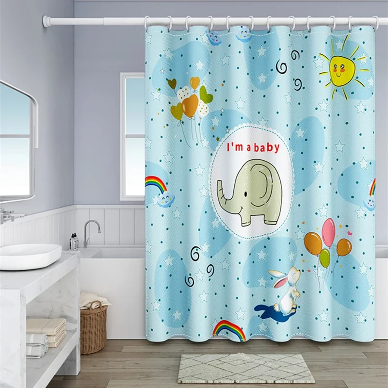 

Cute Elephant Shower Curtain Rabbit Balloon Rainbow Cartoon Animal Painting Series Shower Curtains for Kids Waterpoof Set Decor