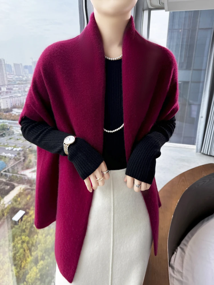 100% Merino Wool Shawl Women's Knitted Sleeveless Cardigan Autumn Winter Thick Warm Solid Color Cape Fashion Korean Loose Jacket 4
