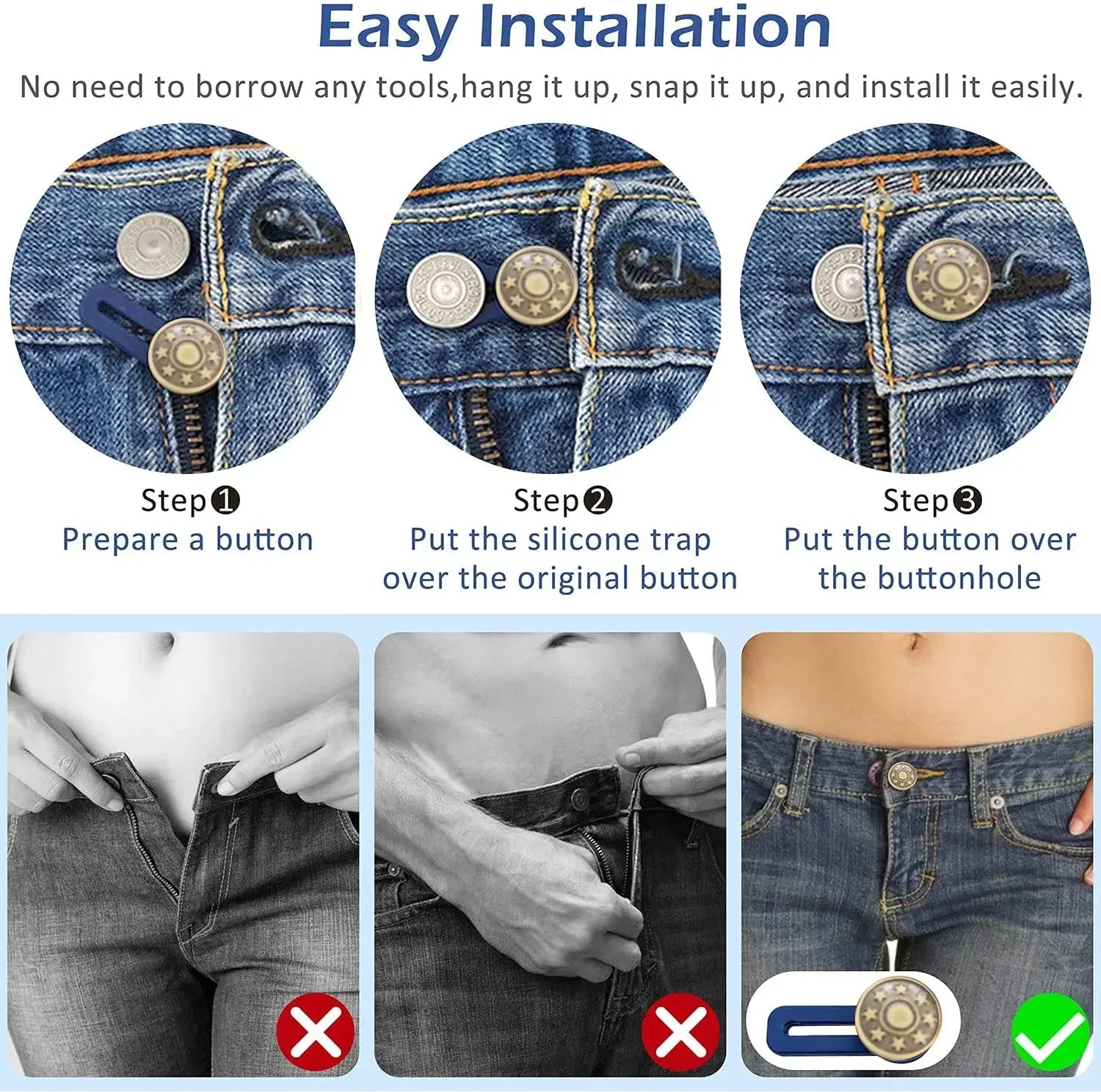 5pcs Elastic Pants Waist Extender Adjustable Jeans Button Extender Metal Button No Sew Button for Men Women Dress Collar Skirts