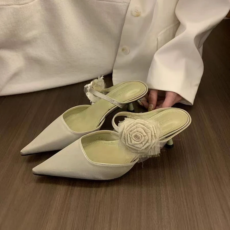 Elegant Woman Sandals High Heeled Sweet Rose Closed Toe Footwear Summer Slingback Pointed Fashion Dress Ladies Designer Shoes