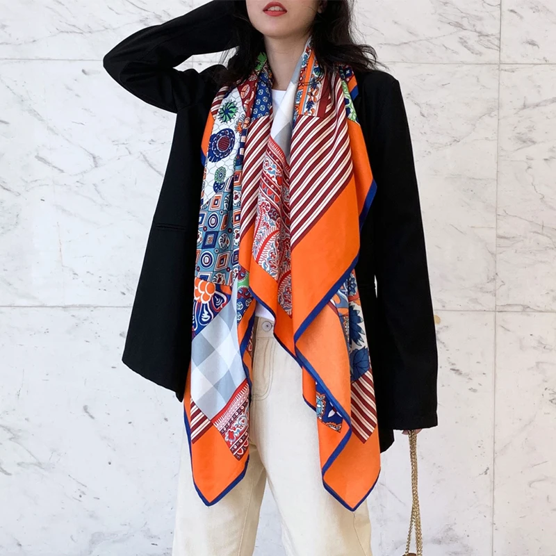 Spring Autumn Geometric Stripe Printed Big Size Travel 130cm Square Ladies Fashion Scarf Twill Hijab Pashmina 2023 new spring silk floral scarf for women fashion ladies shawls flower print multi color pashmina brand plus size scarves