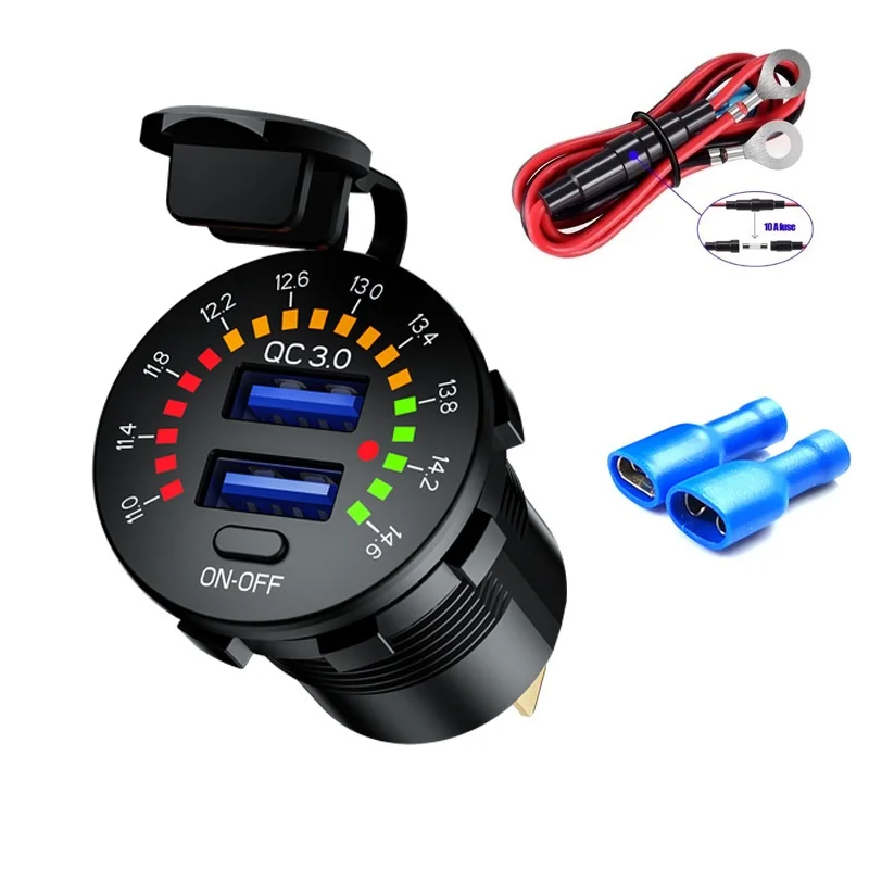 fast car charger for android 12V 24V Quick Charge 3.0 Dual USB Car Charger Waterproof 18W USB Outlet Fast Charge with LED Voltmeter ON OFF Switch usb c car charger Car Chargers