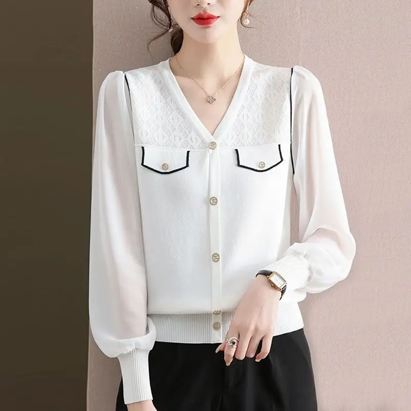 2023 Spring New Lace Ice Top Reduces Age and Appears Slim and Fashionable V-neck Long Sleeve Popularity Wild Solid Thin Knit