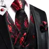 Hi-Tie Black Red Floral Silk Mens Vest Tie Set Jacquard Waistcoat Sleeveless Jacket Necktie Hanky Cufflinks Wedding Business XXL 1