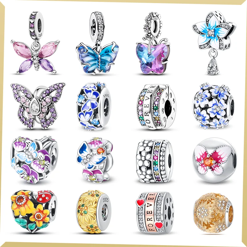 Trendy 925 Sterling Silver Butterfly Zircon Flower Charm Beaded Pendant Fit Original Pandora Bracelet Beautiful DIY Jewelry Gift