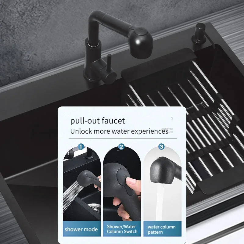 Washbasin Single-slot Large Kitchen Washbasin Handmade Black 304 Nano Stainless Steel Sink Home