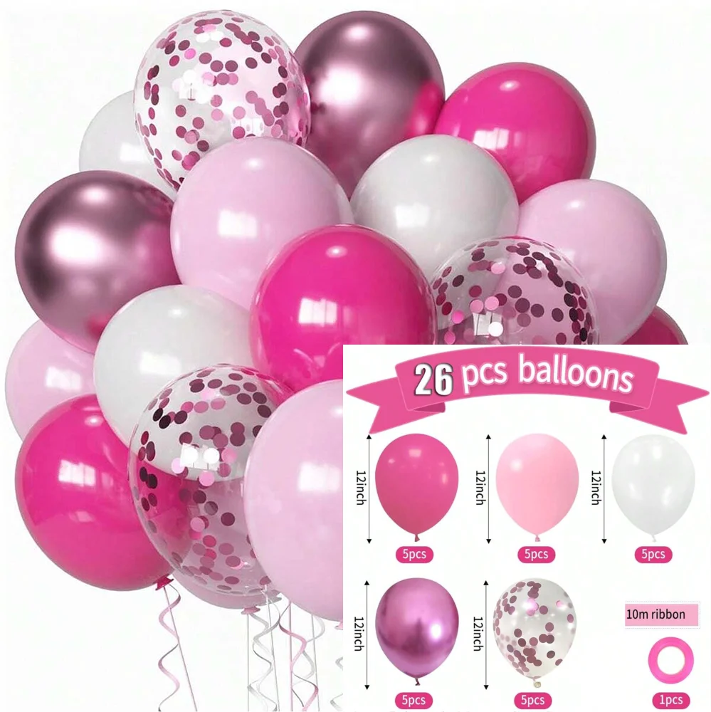 26/52 Stück rosa Latex-Ballon-Set mit Pailletten für Geburtstagsfeier, Szene, Dekoration, Hochzeitstag, Babyparty – Detail 1