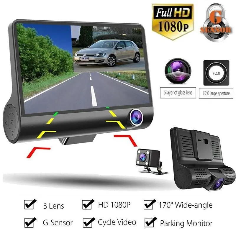 Bileeko 1080P Triple Lens HD 4" Car DVR Rearview Video Dash Cam