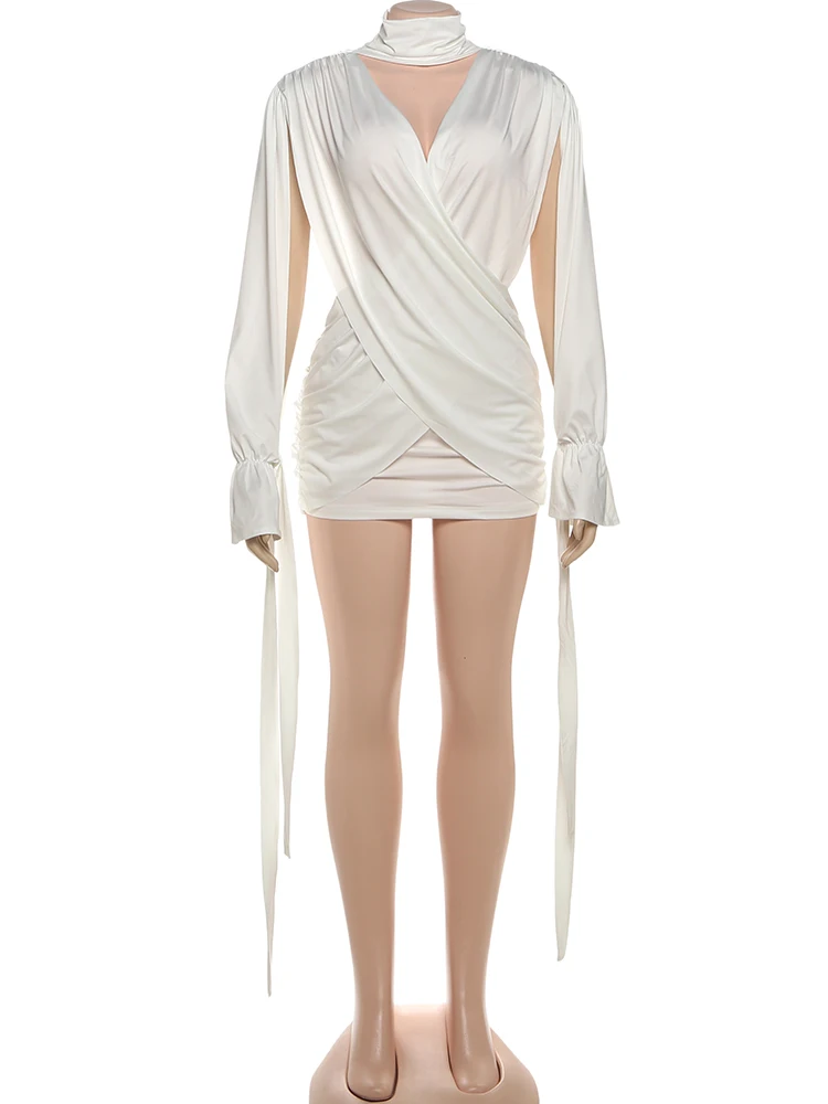 Nibber Waistless Dress Women Cross High Neck Bandage Tassel Slit Long Sleeve Backless Folds Sexy Midnight Party Mini Bodycon