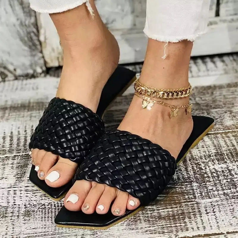 

2022 Slippers Summer Fashion Casual Square Toe Slippers Women's Shoes Flat Slippers Comfortable Flip Flops Zapatos De Mujer