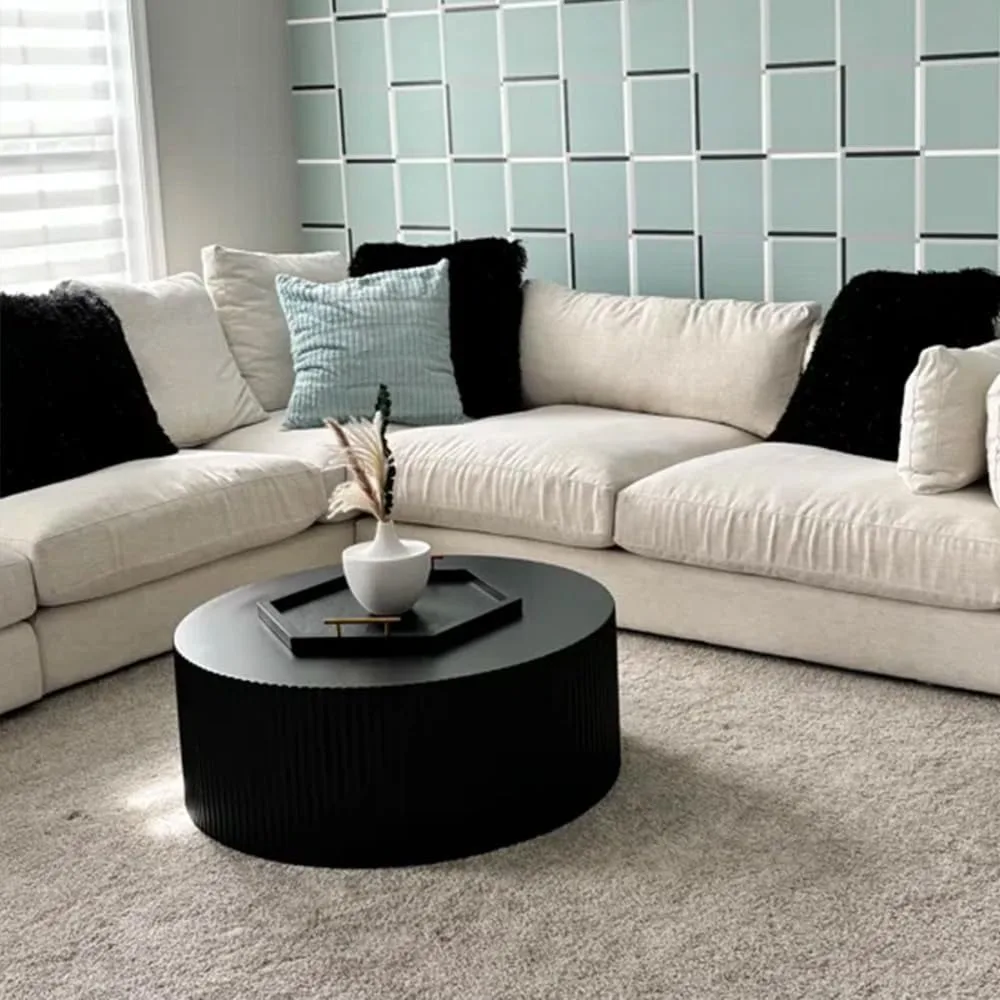 Black Round Coffee Table Modern Side Table End Table for Living Room, Wood Circle Drum Coffee Tables Contemporary Livin 6