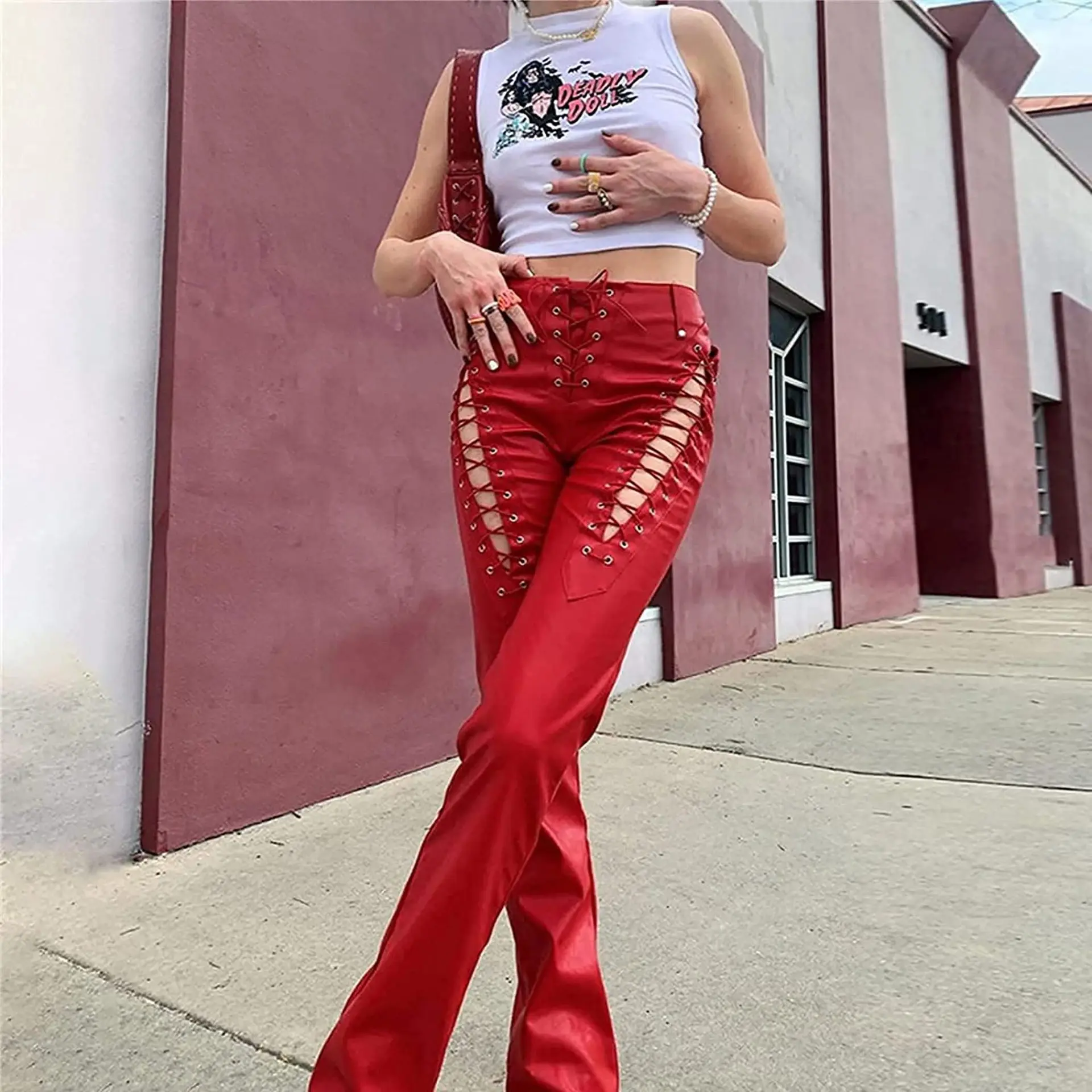 

2024 New Fashion Sexy Club Slim PU Leather Pants Women High Waist Hollow Out Bandage Slim Fit Straight Y2K Trousers Streetwear
