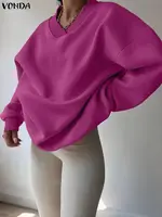VONDA Women Fashion Sweatshirts Long Sleeve Solid Pullovers 2025 Autumn V-Neck Casual Jumpers Loose Elegant Shirts Plus Size 5XL