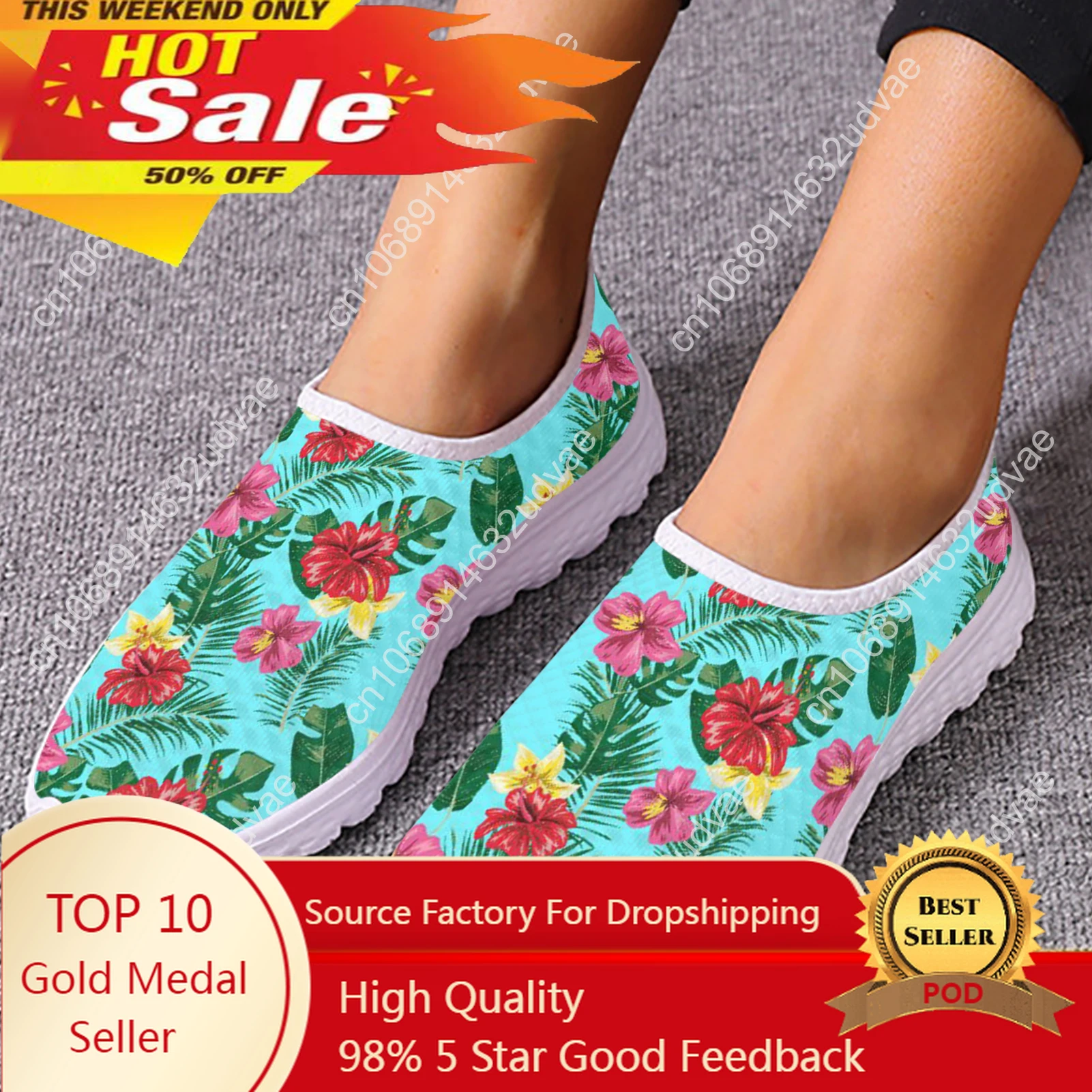 Pretty Tropical Flower Printing Women Flat Shoes Summer Breathable Slip-on Mesh Sneakers Lightweight Loafers Zapatos