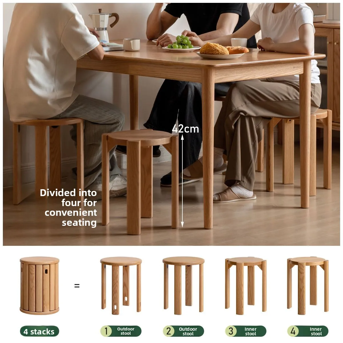 Solid Wood Stackable Stool Modern Dining Table Chair Foldable Tea Table Bench Comfortable Practical Easy Storage