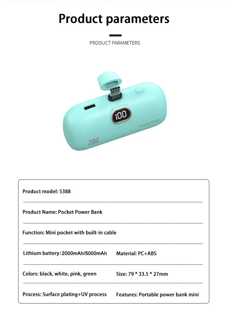 mini banco de energía tipo c de 5000mAh, Cable incorporado, cargador móvil portátil, cargador rápido, cápsula de batería de repuesto, banco de energía para iPhone » mini banco de energía tipo c de 5000mAh
