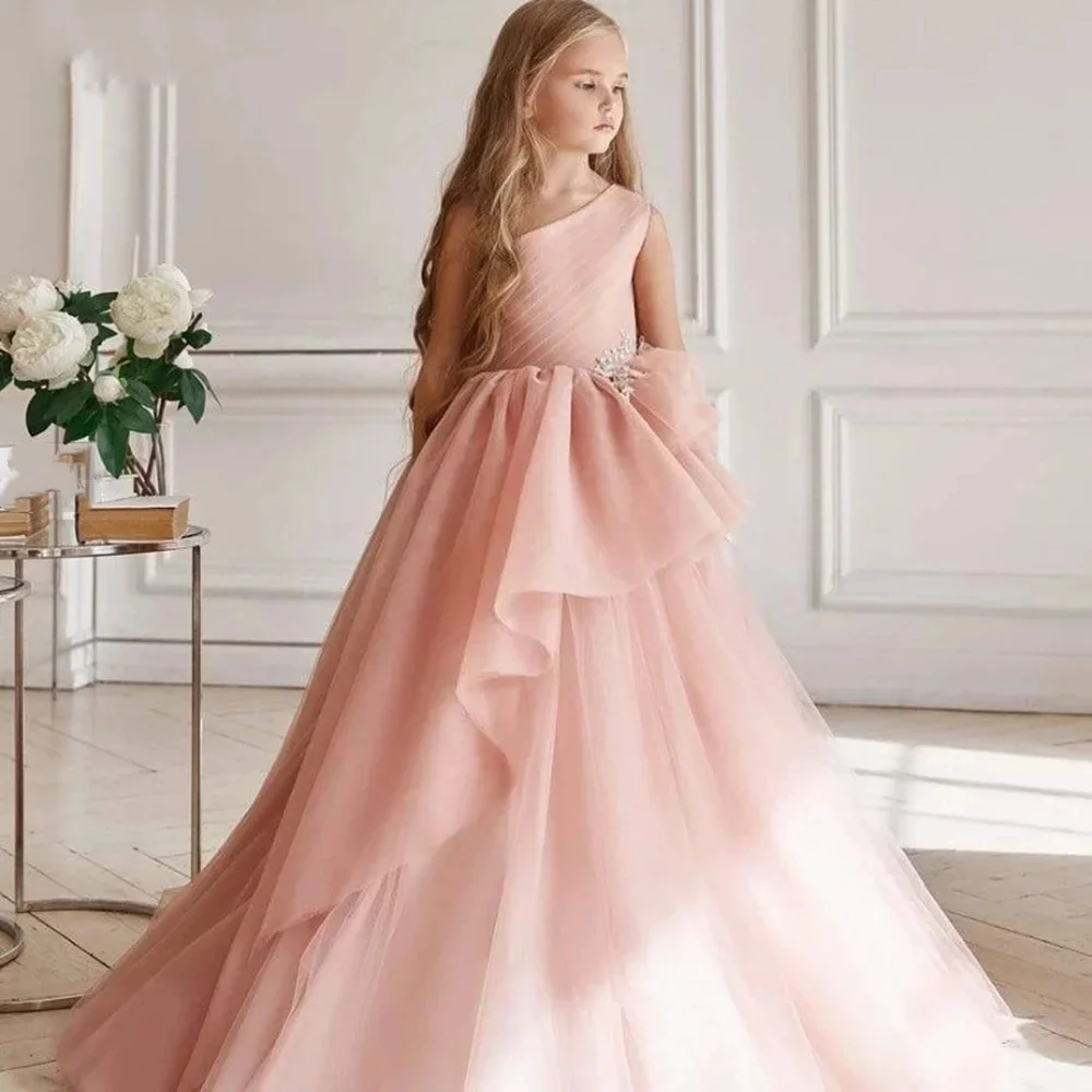 

Pink Flower Girl Dress For Wedding Single Shoulder Tulle Puffy Bridesmaid Pageant Birthday Party First Communion Ball Gowns