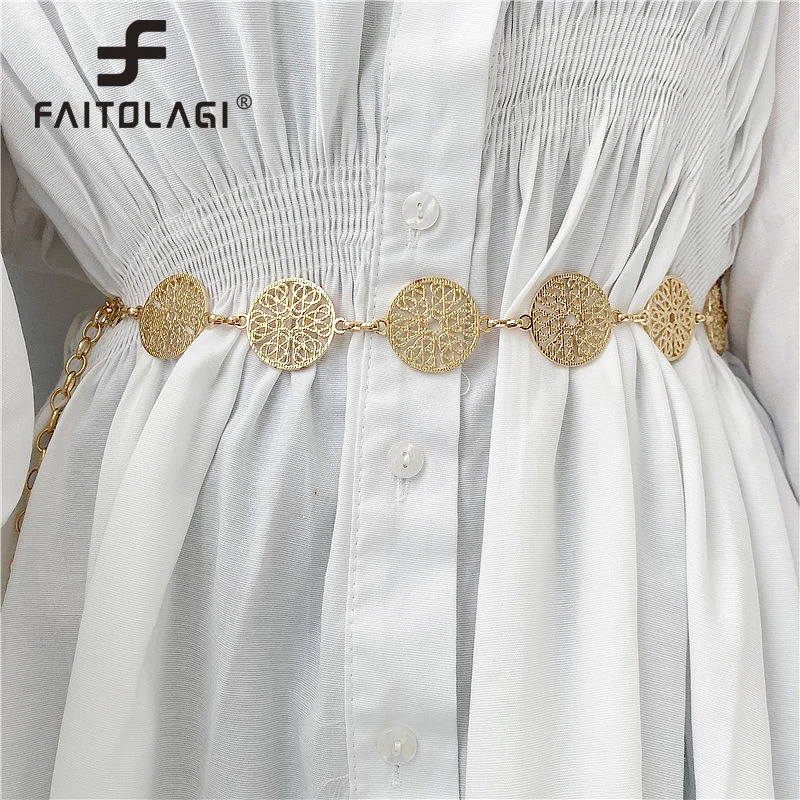 ElegantRoundMetalBeltForWomenRetroGoldSilverCarvedHollowOut