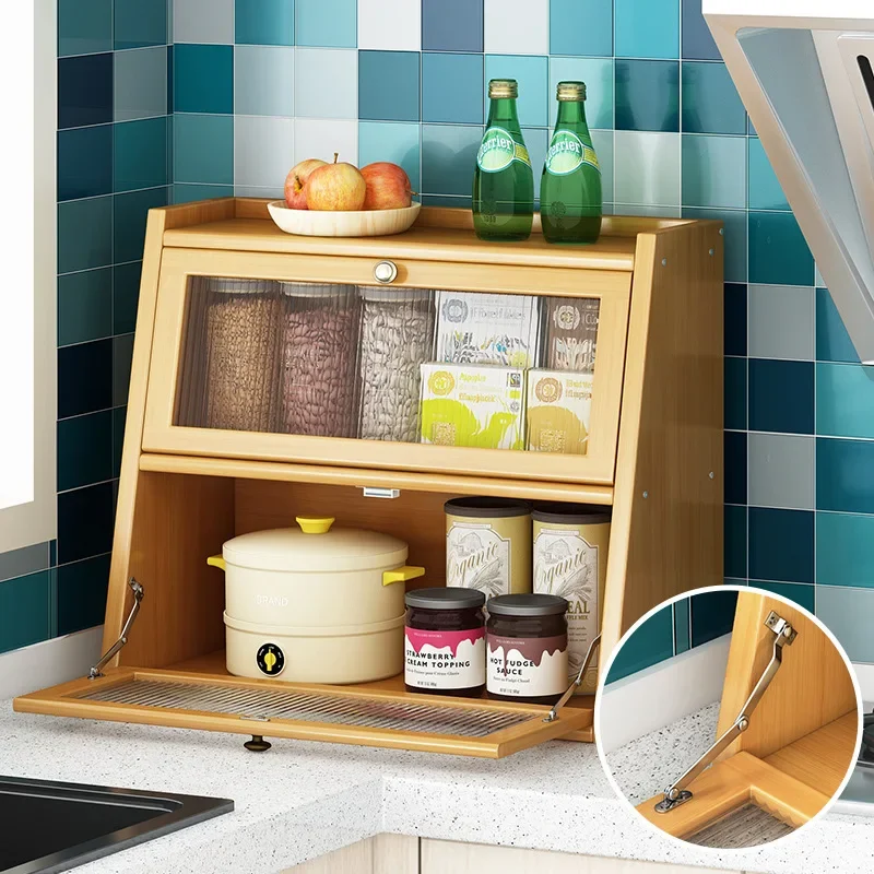 Bamboo Kitchen Storage Cabinet Acrylic Door Tableware Storage Rack Desktop Drawers Organizer Dish Display