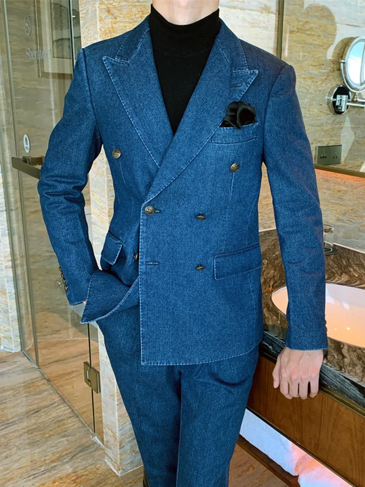 Fashion Men Suit Tailor-Made 2 Pieces Denim Blazer Pants Double Breasted Work Wear Formal Business Causal Daily Party Tailored mens suits