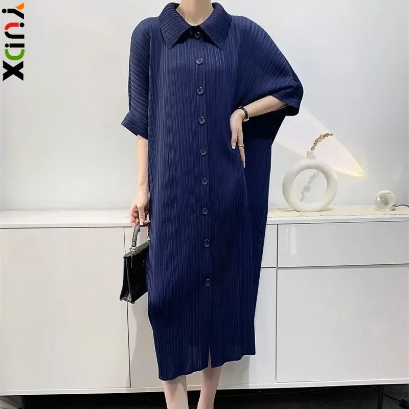 

YUDX Miyake Pleated Dress Women's Loose Plus Size Single Breasted Mid Length Bat Sleeve Summer Solid Color Casual Maix Dress