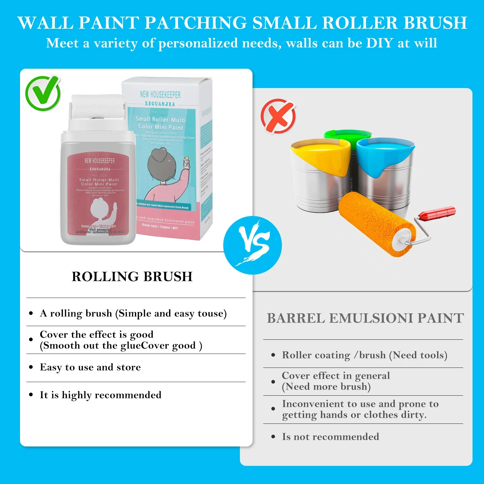 3/2Pcs Wall Patching Brush with 100g Latex Paint Quick Dry Small Wall Repair Paste Roller Portable Handheld Paint Brush