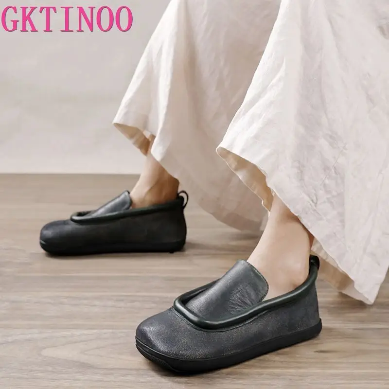 

GKTINOO Genuine Leather Square Toe Flats Shoes For Women Loafers Woman 2023 Designer Ladies Platform Shoes Leisure Ladies Shoes