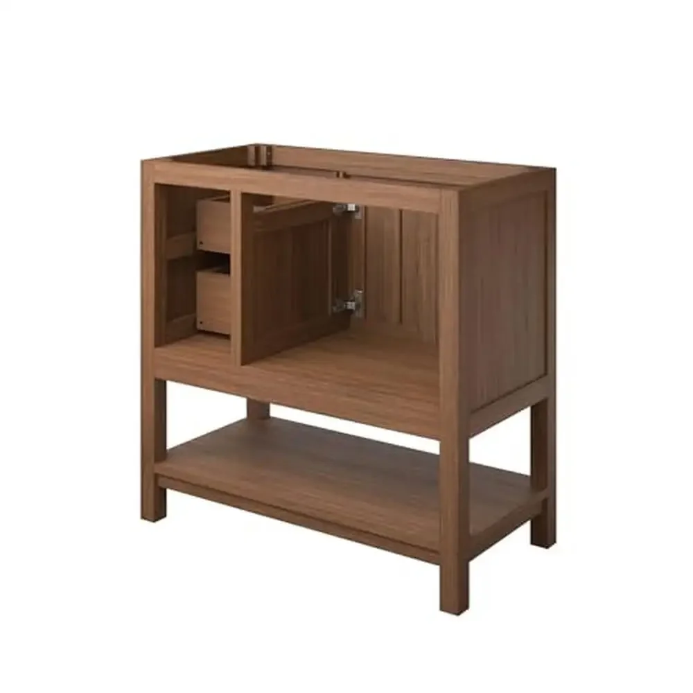 Mid-Century Modern Mindi Wood Bathroom Vanity Cabinet Storage Drawers Open Shelf Not Included Walnut Organic Elegant Towel 5