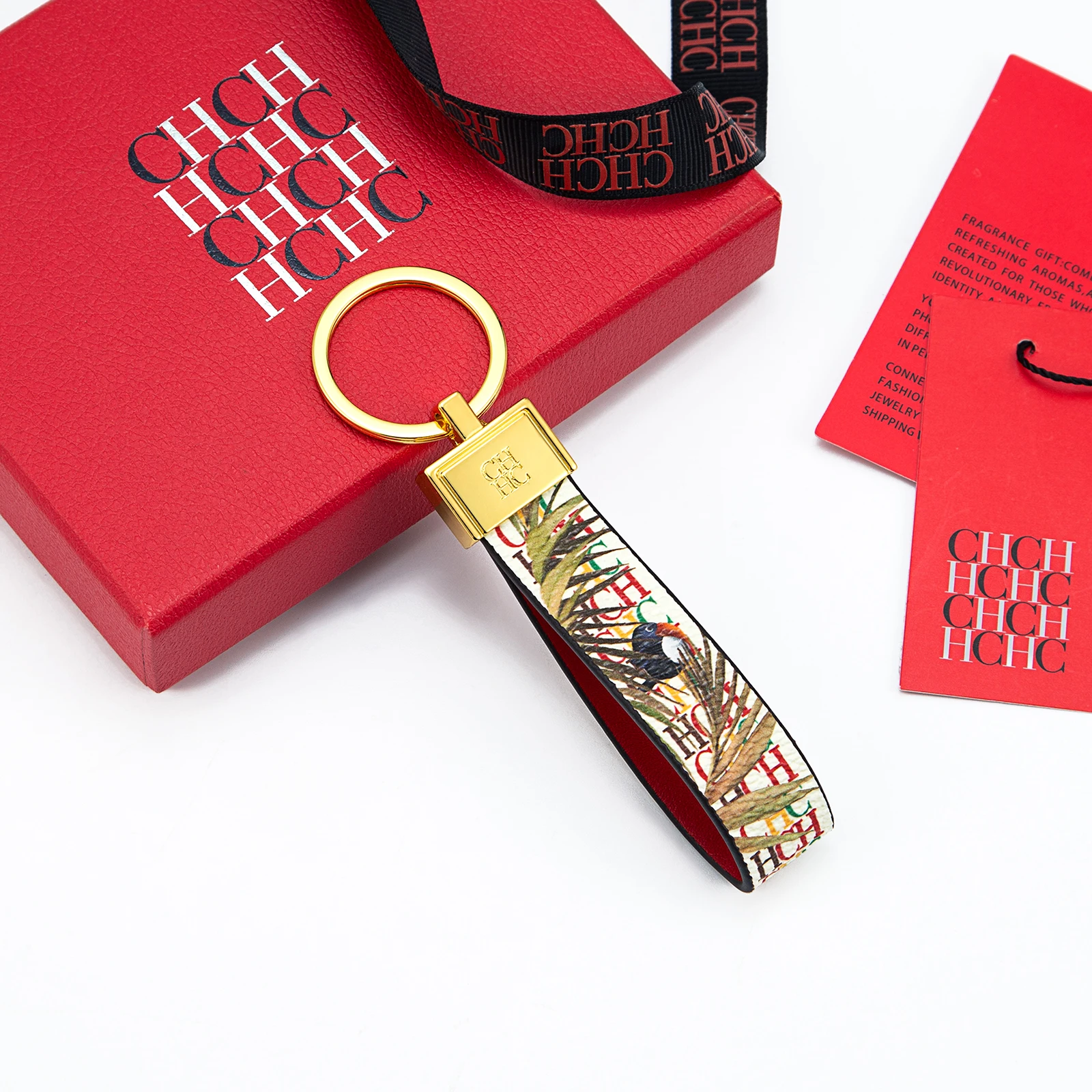 CH Monogram Print Leather Keychain Two Tone Red Edge Car Key Holder Unisex Fashion Bag Charm Luxury Accessory Pendant Keyring