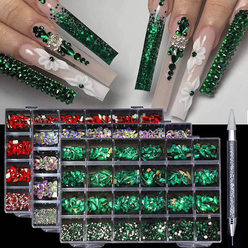 24 Raster Diamant Sieraden Set Voor Nail Art Decoraties Nail Ab Platte Bodem Boor Nail Art Luxe Nagelvormige Diamant Illusie Kleur