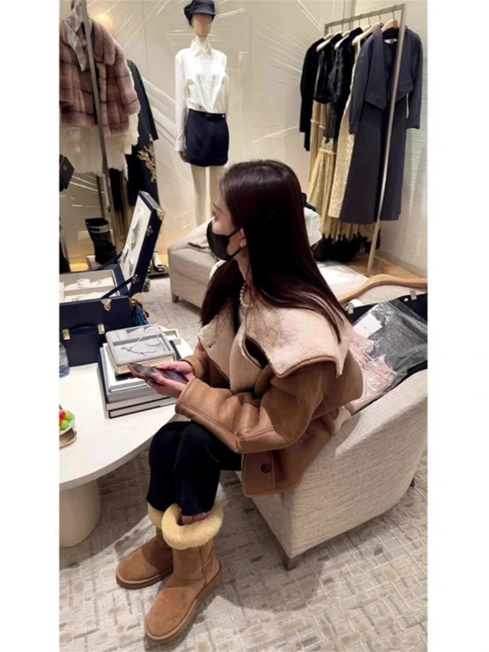 Navy Collar Synthetic Fur Integrated Jacket for Women's Winter New Small Stature Lamb Wool High-end Short Jacket 2023