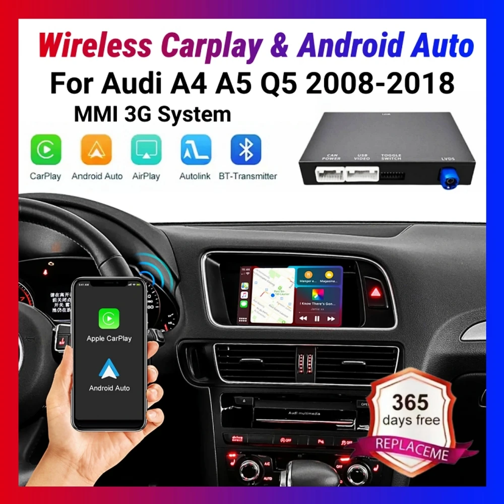 ANYFAR Wireless CarPlay Android Auto Interface Adapter For A4 A5 Q5 2008- MMI 3G System With AirPlay Mirror Link Bluetooth