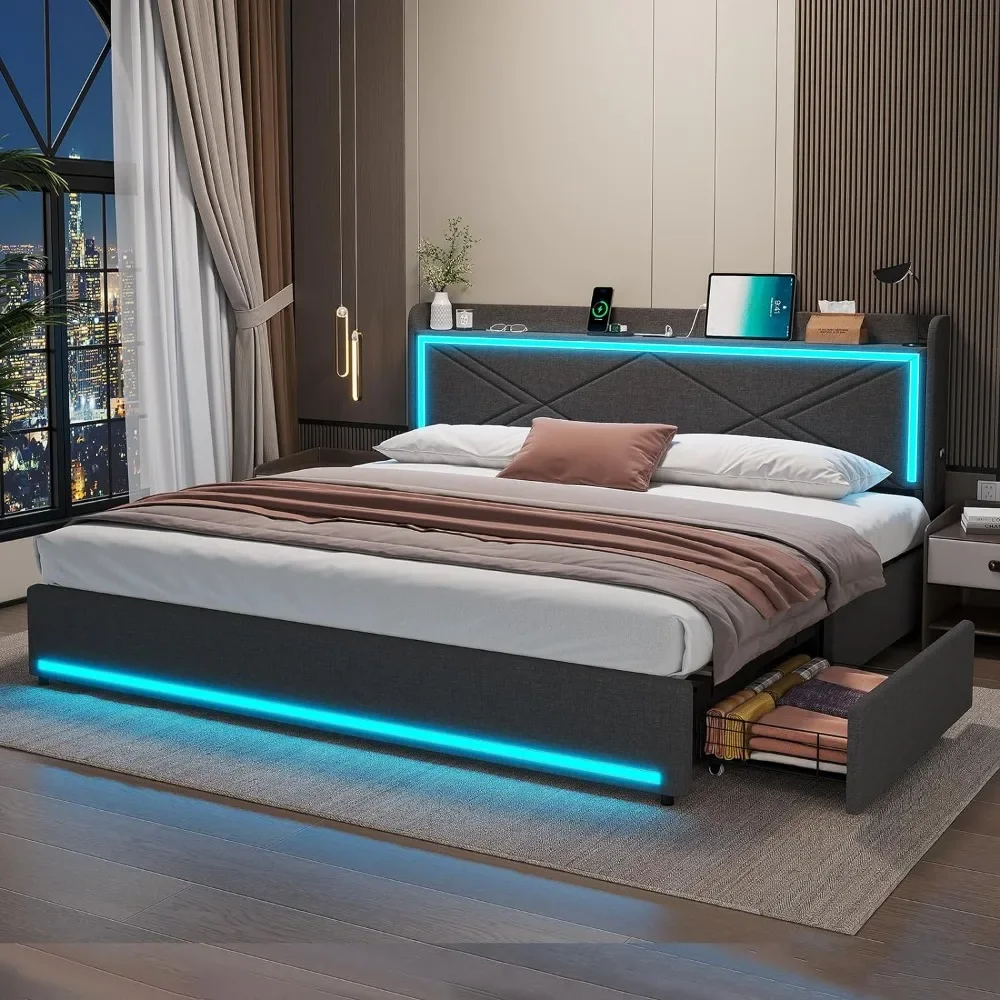 

King Size LED Bed Frame with Storage Headboard and Charging Station, Upholstered King Platform Bed Frame with 4 Drawers