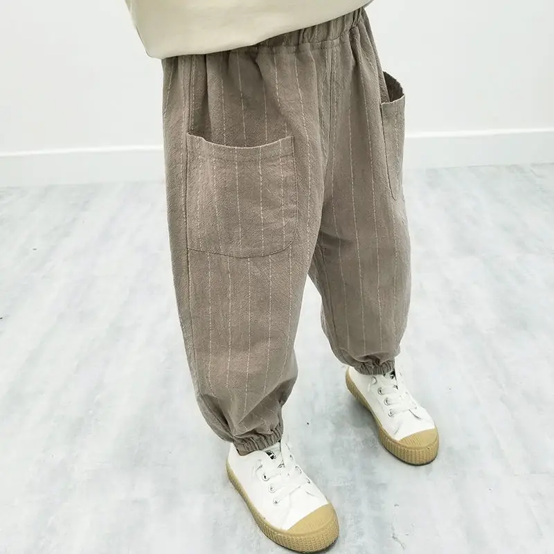 Boys Pants Boys Clothing Summer New Loose Striped Printed Kids Cotton Flax Fashion Casual Spliced Pocket Elastic Waist Harlan Pants