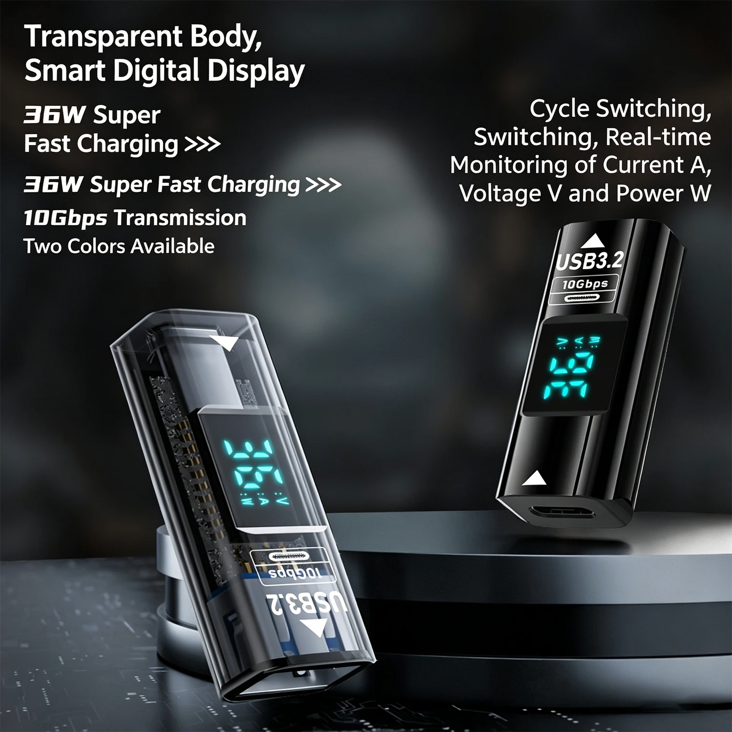 USB 3.2 타입 C 암-암 디지털 LED 디스플레이 어댑터 36W 고속 충전 10Gbps 데이터 커넥터 PC 노트북 휴대폰
