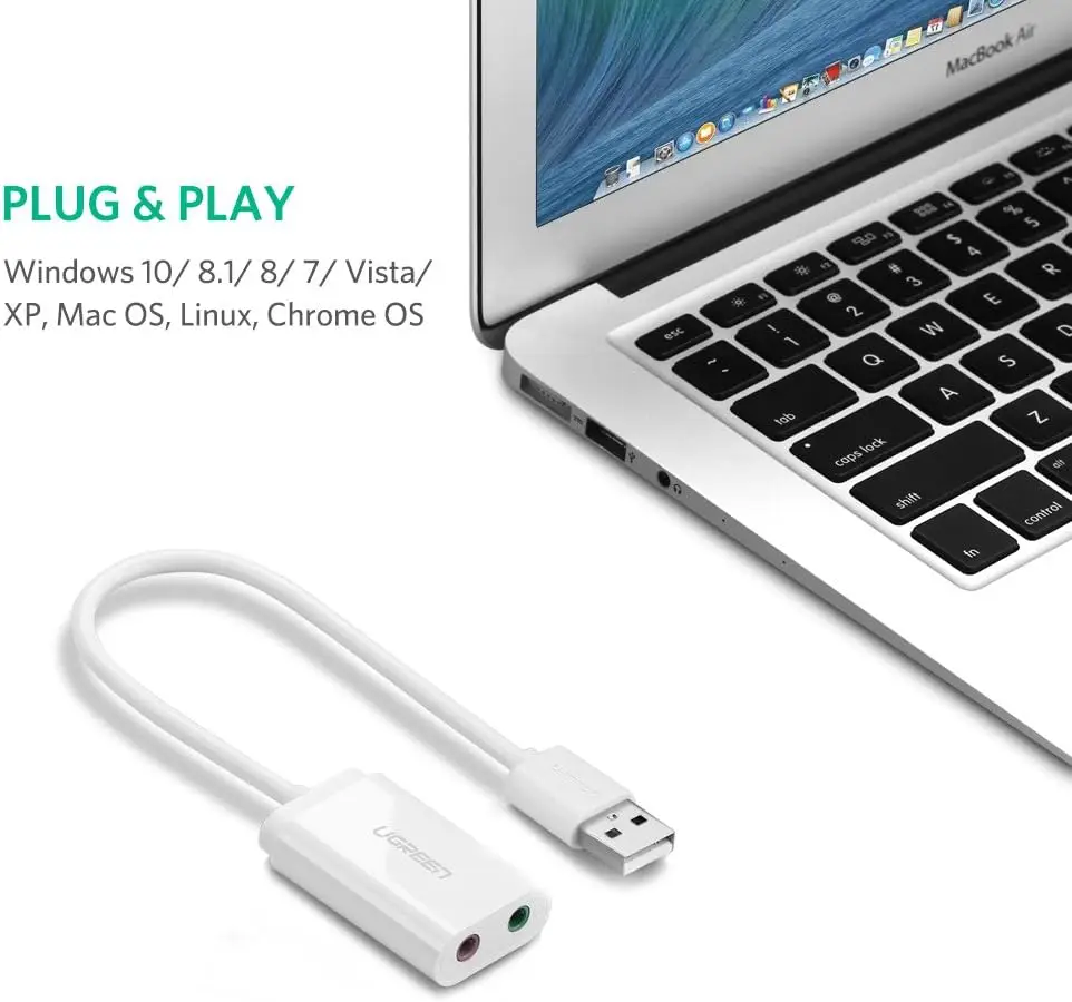 유그린 USB 사운드 카드 외장 어댑터 (3.5mm 이어폰 및 마이크 잭 포함), 플러그 앤 플레이 방식, 컴퓨터용