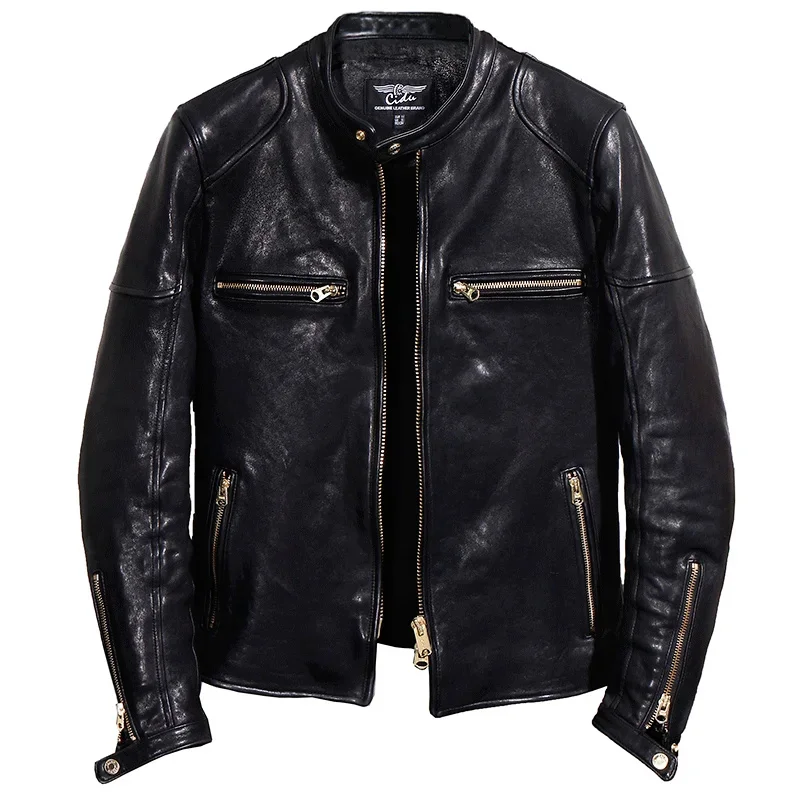 

shipping.Biker Free Quality quality Italy oil tanned leather jacket.black thick luxury sheepskin coat.vintage slim clothes