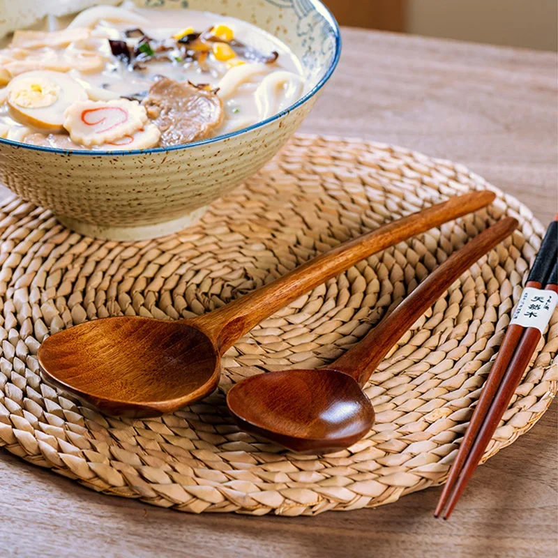 1Pc Big Wooden Spoon Long Handle Soup Spoon Wood Japanese Ramen Noodle Soup Ladle Kitchen Cooking Mixing Serving Tableware